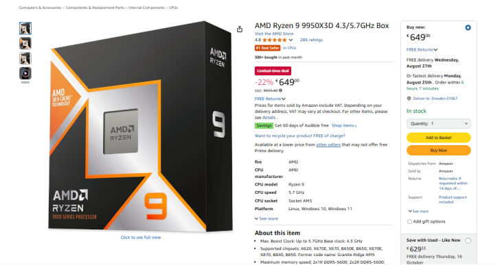 AMD Ryzen 9 9950X3D jetzt für Rekordpreis von €649 in Deutschland
