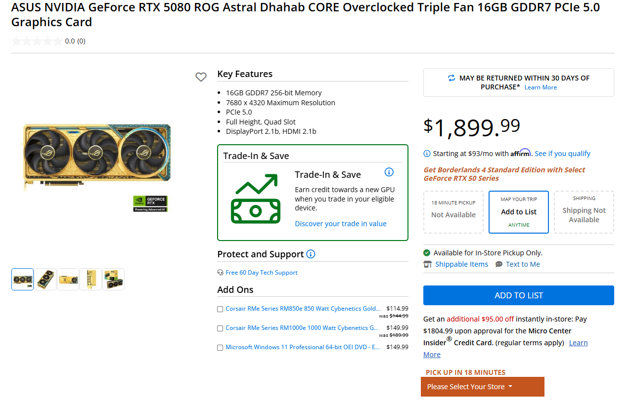 ASUS ROG Astral RTX 5080 Dhahab CORE startet für 1.899 Dollar – goldener Look ohne echtes Gold