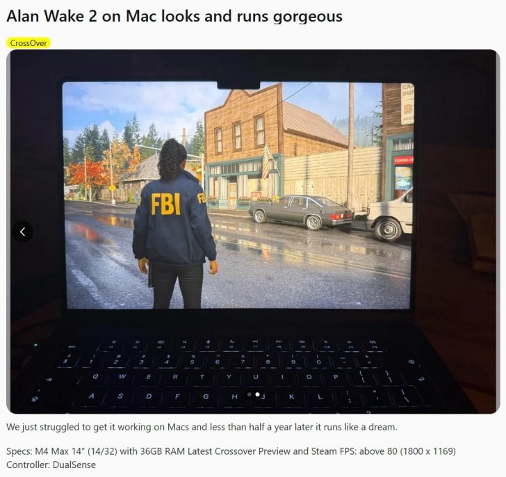 M4 Max MacBook Pro zieht Alan Wake 2 via CrossOver souverän durch M4 Max MacBook Pro zieht Alan Wake 2 via CrossOver souverän durch